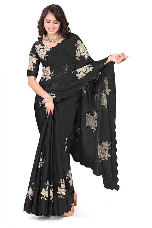 Georgette Saree with Floral Embroidery and Scalloped Border - Balck