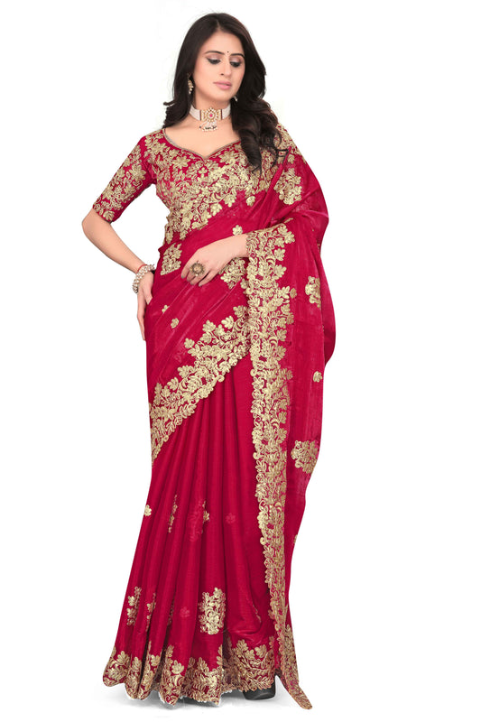 Shimmer Georgette Embroidered Saree with Designer Border - Red