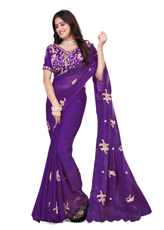 Heavy Zari Work Festive Saree with Detailed Hand-Placed Bead Embroidery - Light Purple