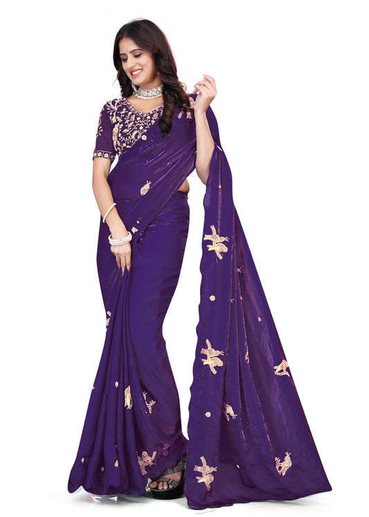 Heavy Zari Work Festive Saree with Detailed Hand-Placed Bead Embroidery - Dark Purple