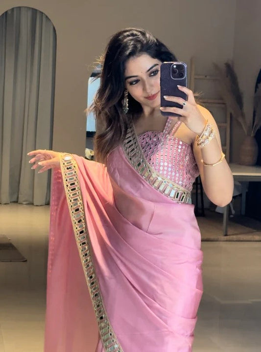 Designer Saree with Real Mirror Work Border and Heavy Embellished Blouse - Pink