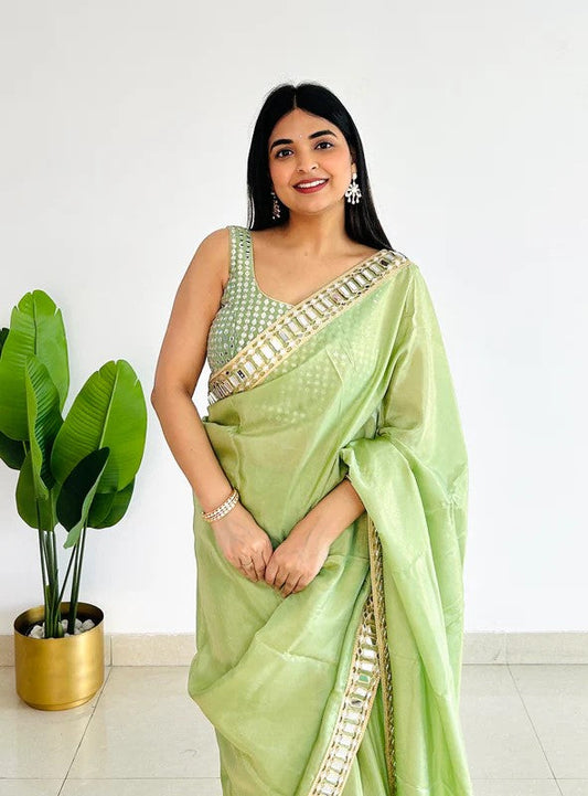 Designer Saree with Real Mirror Work Border and Heavy Embellished Blouse - Green