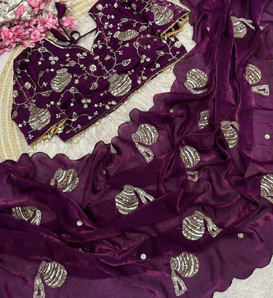 Regal Pot Embroidered Festive Saree - Wine
