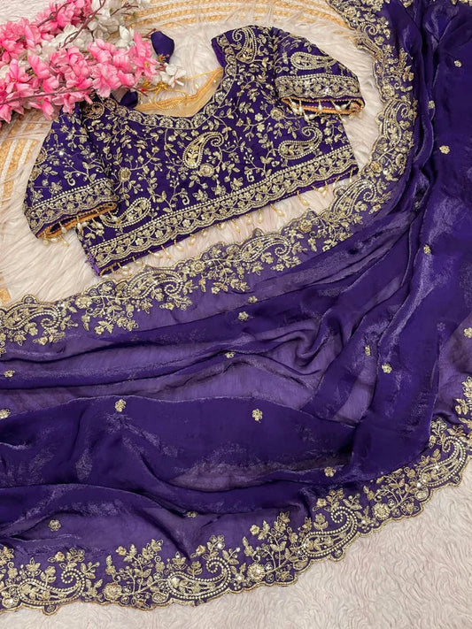 Royal Heavy Embroidered Wedding Saree - Purple