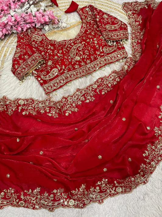 Royal Heavy Embroidered Wedding Saree - Red