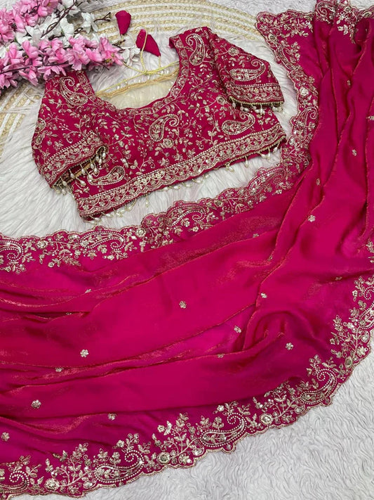 Royal Heavy Embroidered Wedding Saree - Pink