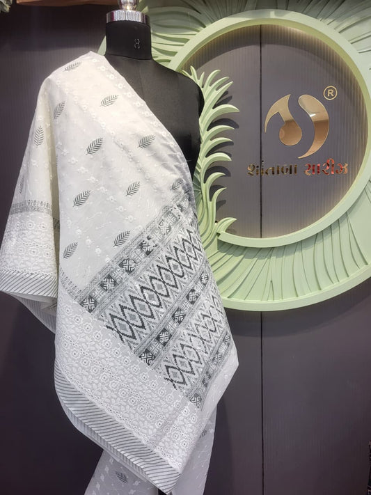 Elegant White Chikankari Saree with Contemporary Ikat Pallu