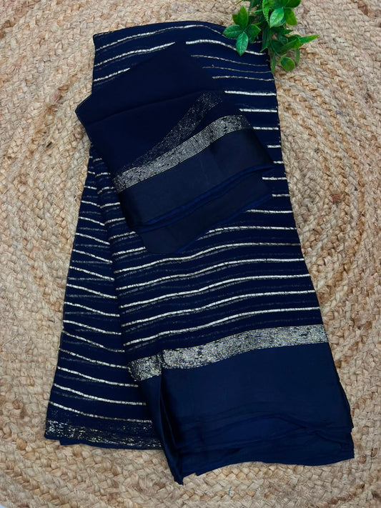Royal Navy Blue Georgette Leheriya Saree with Golden Zari Strips – Shantabaa Saree Exclusive