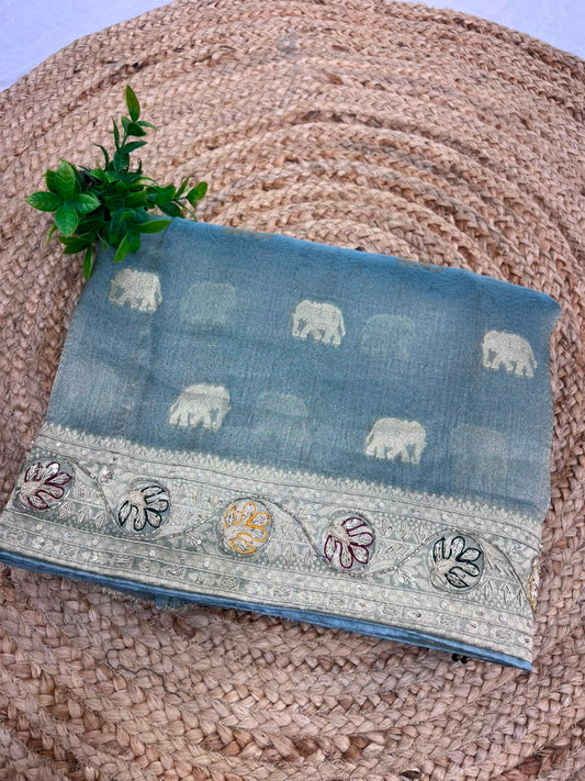 Pastel sky-blue Handwork Bridal Saree