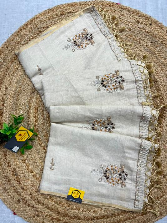 Shantabaa Saree | Pure Linen Cotton Handloom Style Work Saree