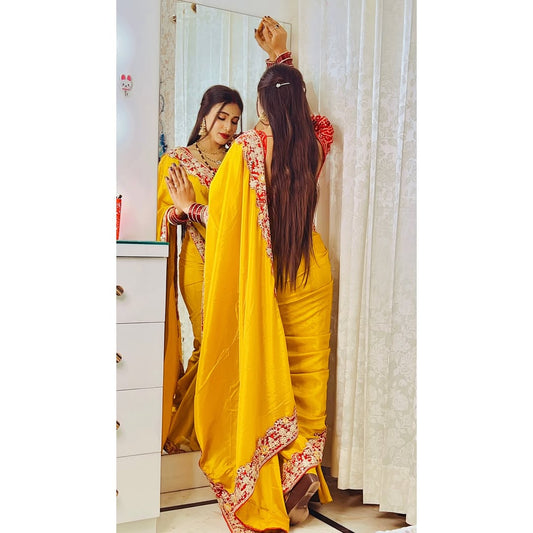 Intricate Gold Zari Motifs and Embroidered Lace Border - Yellow