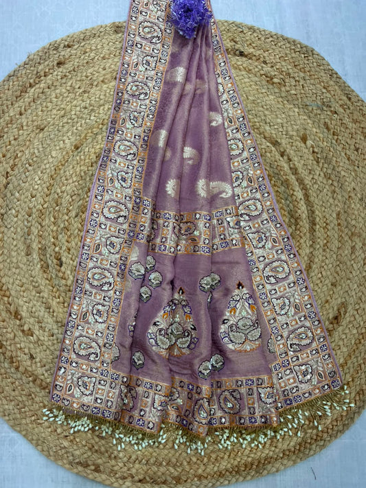 Exclusive Hand-Woven Bridal Saree with Intricate Border & Pearl Tassels