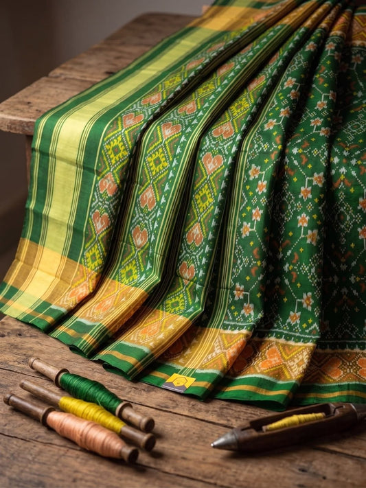 Pure Silk Handwoven Patola Saree in Emerald Green & Traditional Ikat Motifs – Shantabaa Saree Exclusive