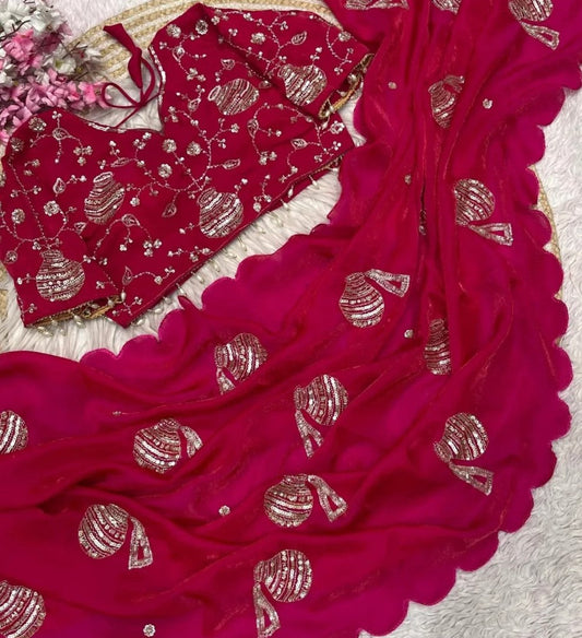 Regal Pot Embroidered Festive Saree - Pink