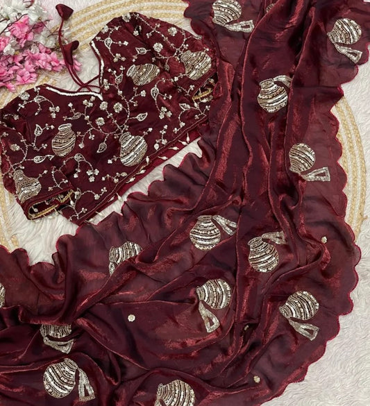 Regal Pot Embroidered Festive Saree - Maroon