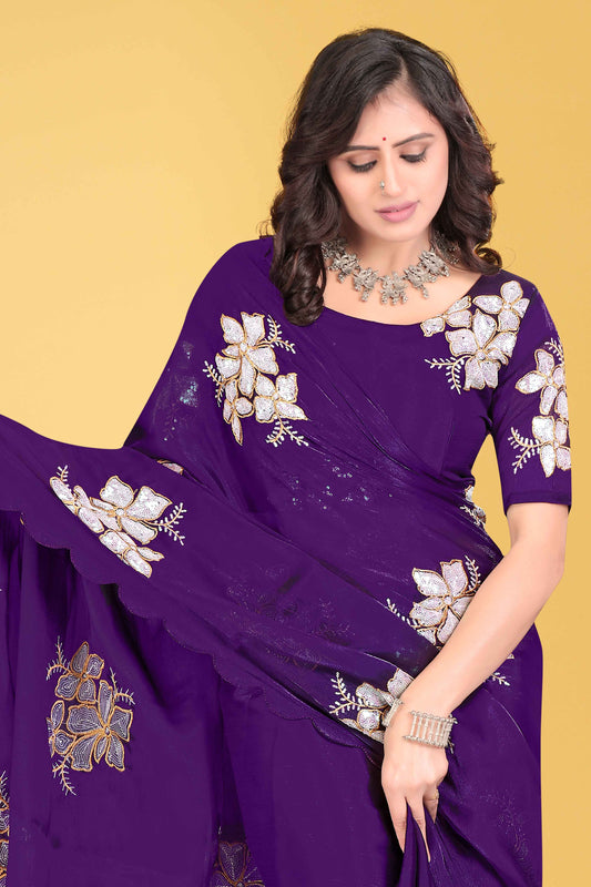 G-Georgette Saree with Floral Embroidery and Scalloped Border