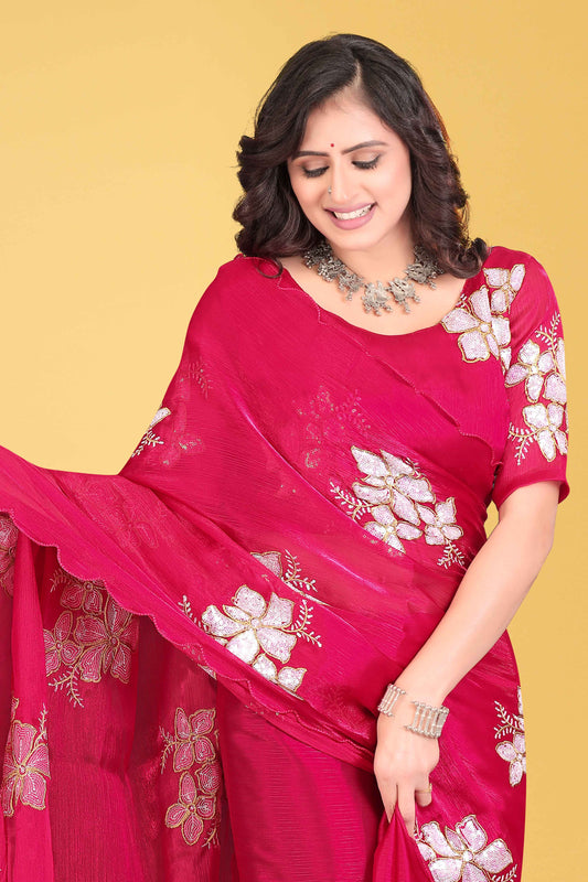 G-Georgette Saree with Floral Embroidery and Scalloped Border