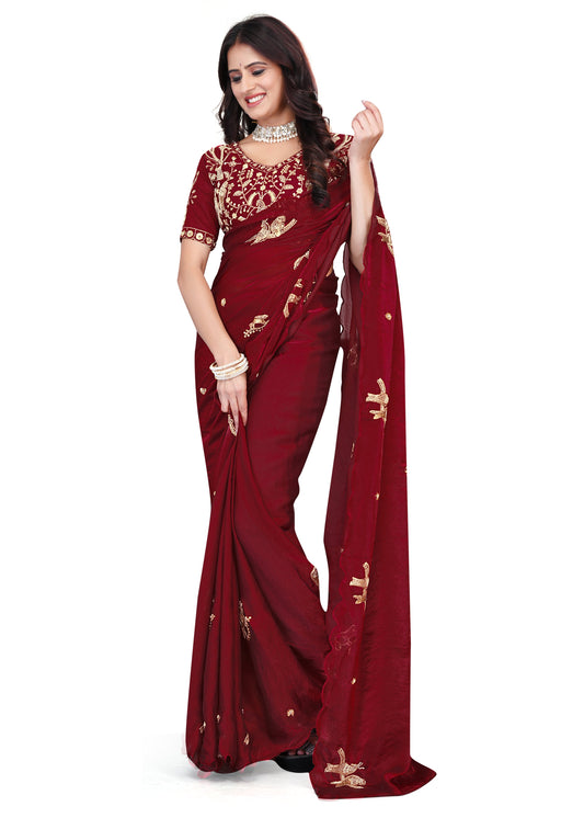 Heavy Zari Work Festive Saree with Detailed Hand-Placed Bead Embroidery - Maroon