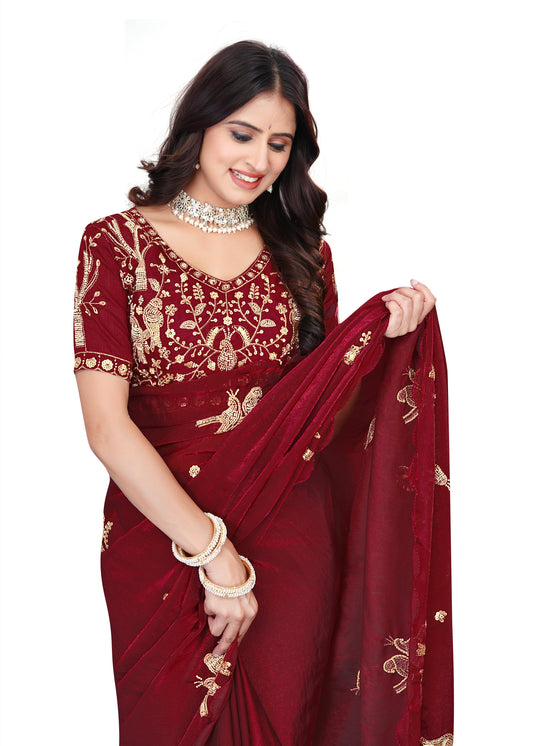 Heavy Zari Work Festive Saree with Detailed Hand-Placed Bead Embroidery - Maroon