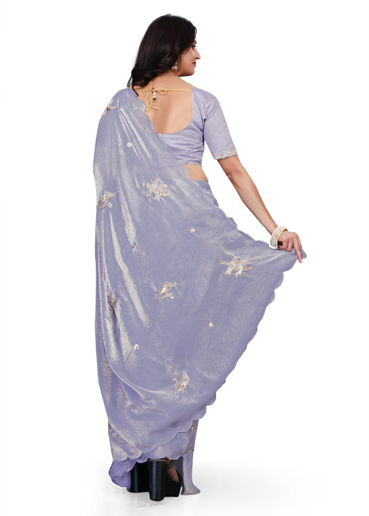 Heavy Zari Work Festive Saree with Detailed Hand-Placed Bead Embroidery - Lavender