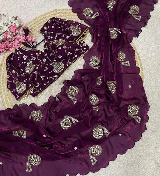 Regal Pot Embroidered Festive Saree - Wine