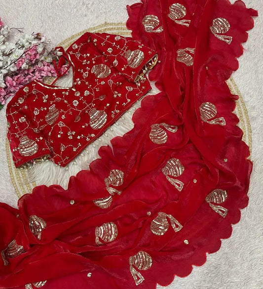 Regal Pot Embroidered Festive Saree - Red