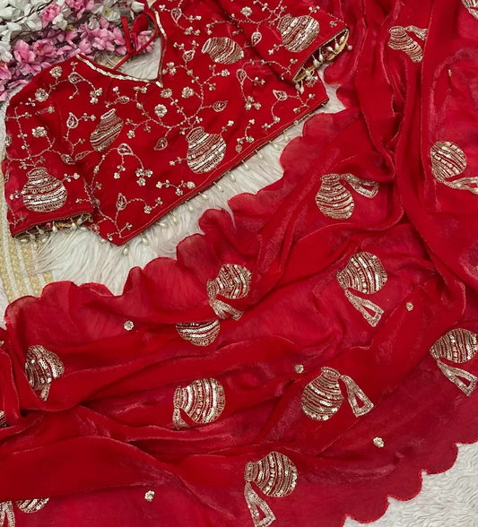 Regal Pot Embroidered Festive Saree - Red
