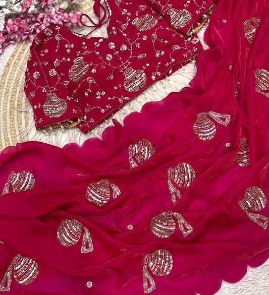 Regal Pot Embroidered Festive Saree - Pink