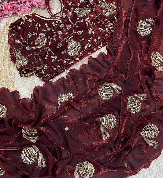 Regal Pot Embroidered Festive Saree - Maroon