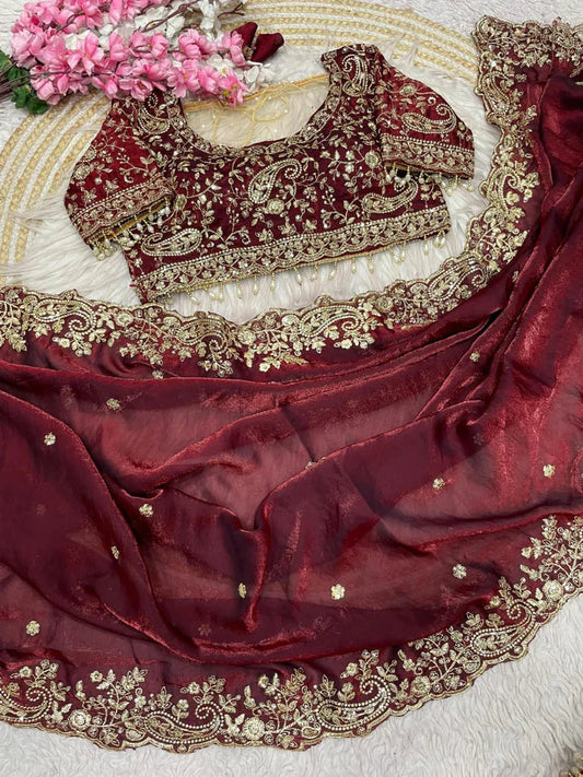 Royal Heavy Embroidered Wedding Saree - Maroon