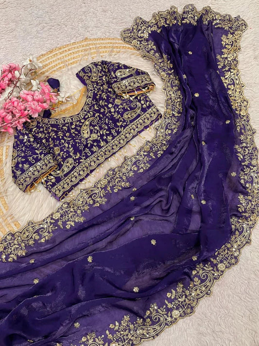 Royal Heavy Embroidered Wedding Saree - Purple