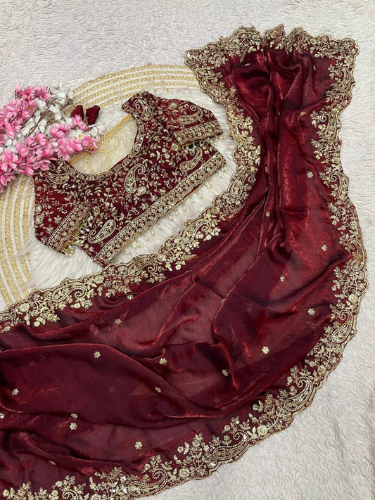 Royal Heavy Embroidered Wedding Saree - Maroon