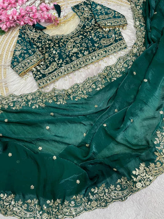 Royal Heavy Embroidered Wedding Saree - Teal Green