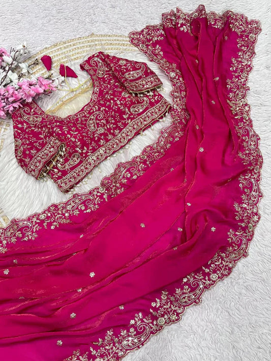 Royal Heavy Embroidered Wedding Saree - Pink
