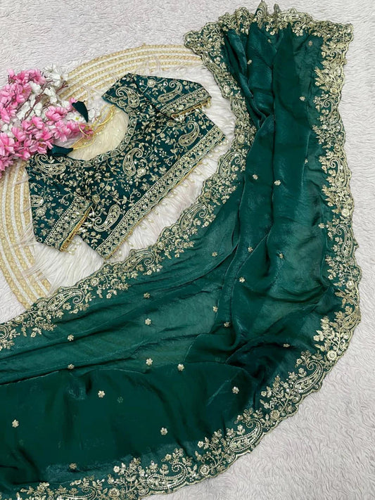Royal Heavy Embroidered Wedding Saree - Teal Green