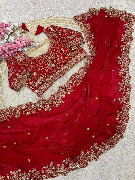 Royal Heavy Embroidered Wedding Saree - Red