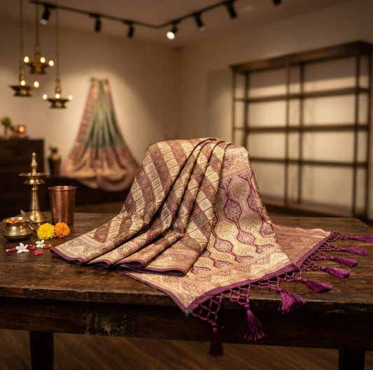 Exquisite Banarasi Silk Saree with Geometric Diamond Weave and Heavy Pallu – Shantabaa Saree Exclusive