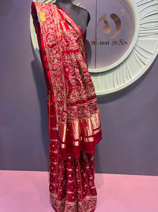 Shantabaa Saree Luxury Deep Red Chanderi Saree with Heritage Motif zardosi work & Golden Tissue Border