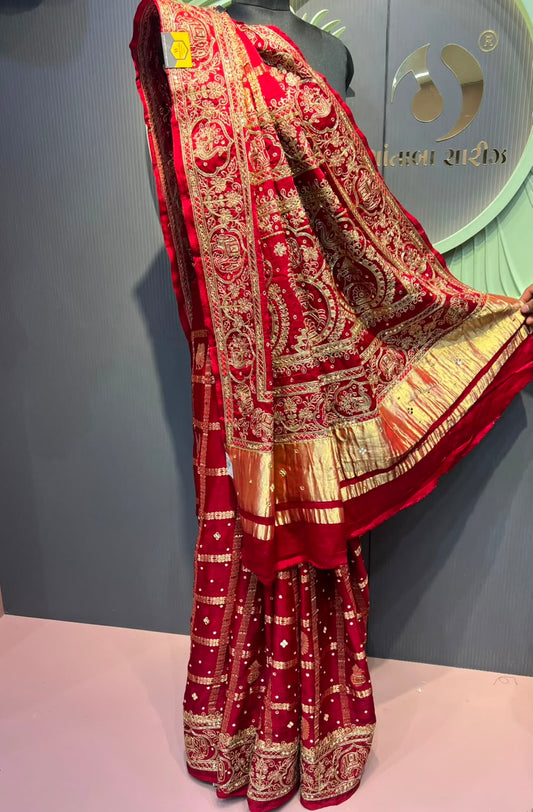 Shantabaa Saree Luxury Deep Red Chanderi Saree with Heritage Motif zardosi work & Golden Tissue Border
