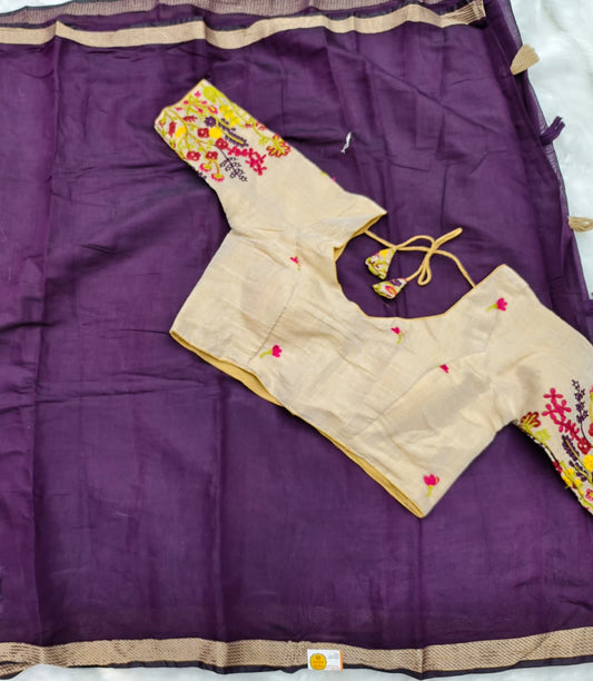 Elegant Plain Saree with Designer Embroidered Readymade Blouse