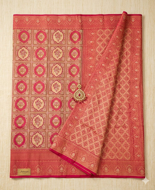 Pink & Gold Banarasi Silk Saree with Intricate Zari Weaving