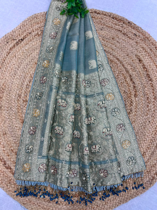 Pastel sky-blue Handwork Bridal Saree