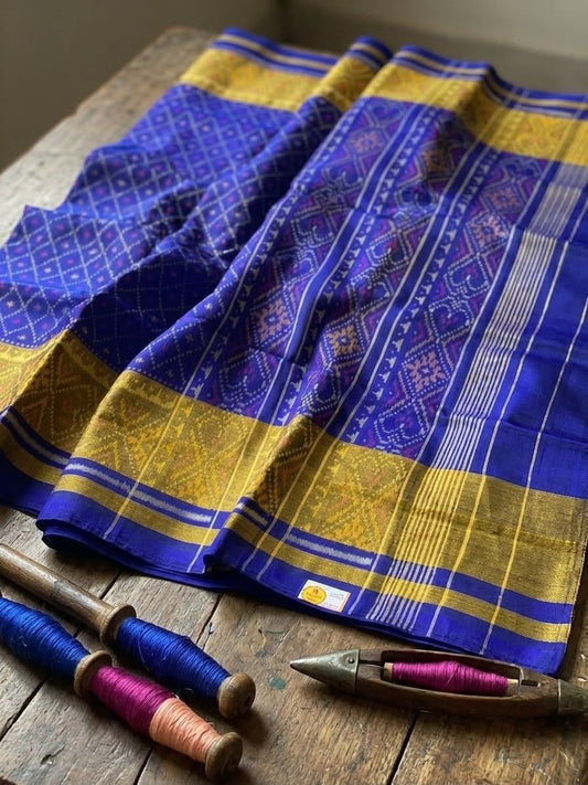 Royal Blue Pure Silk Handwoven Patola Saree with Golden Zari Border - Shantabaa Saree Exclusive