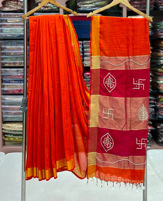 Exclusive Handloom Cotton Saree with Traditional Hand-Work Pallu | Shantabaa Saree